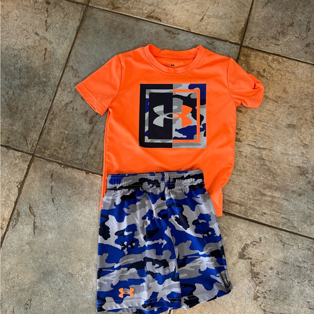 Under Armour Vibrant Orange Top and Blue Camo Shorts
